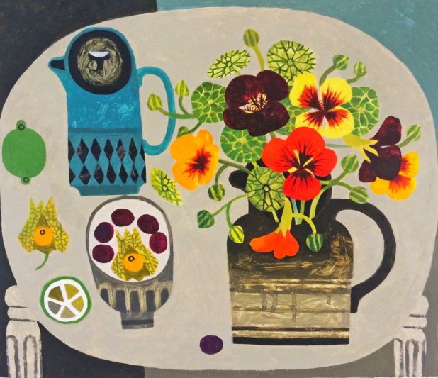 Vanessa Bowman Paintings - Nasturtiums, Blue Coffee Pot & Pear - White ...